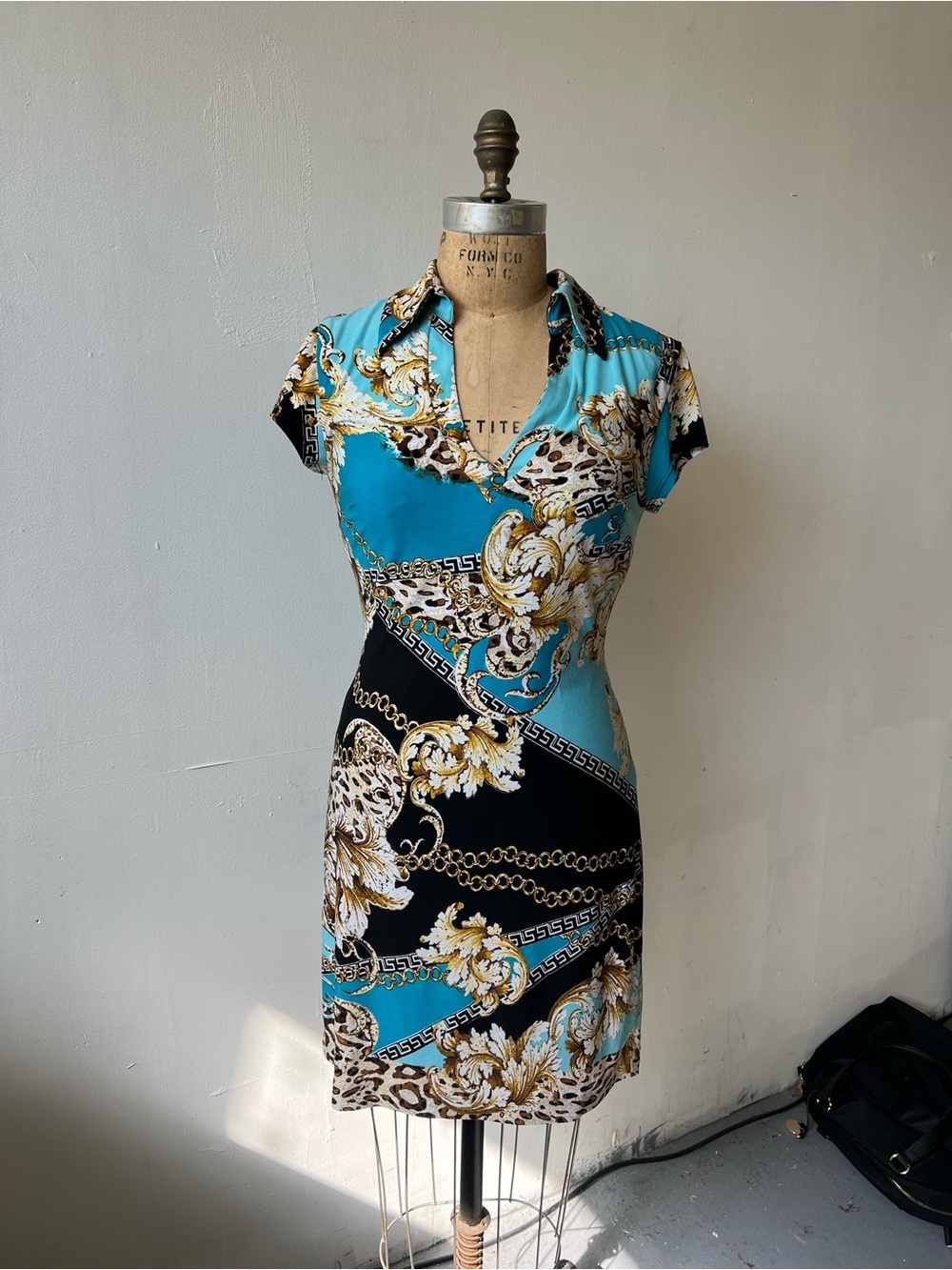 Cache Baroque Leopard Print Turquoise Black Gold V-Neck Sheath Dress Small